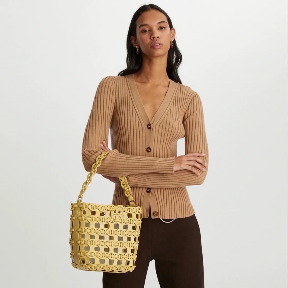 NWT Tory Burch Colorblock Ribbed Button-front Cardigan Sweater In Camel